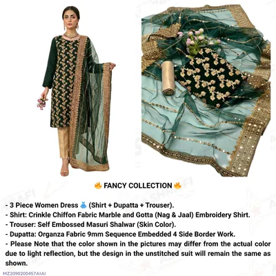 Fancy 3-Piece Green Embroidered Eid Suit with Sequins Dupatta