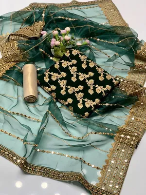 Fancy 3-Piece Green Embroidered Eid Suit with Sequins Dupatta thumbnail 2