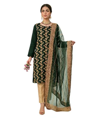 Fancy 3-Piece Green Embroidered Eid Suit with Sequins Dupatta thumbnail 3