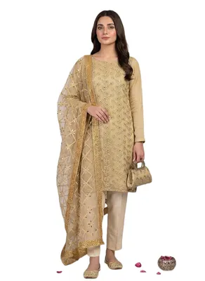 Fancy 5-Piece Women Suit Set Beige Embroidered for Eid & Weddings thumbnail 3