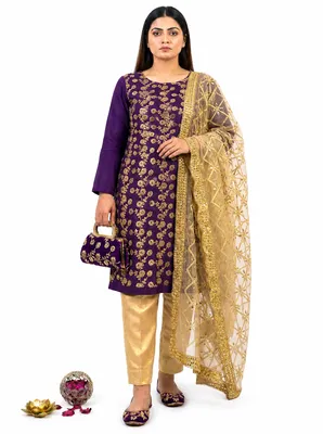Fancy 5-Piece Embroidered Khussa Suit Purple for Women thumbnail 3