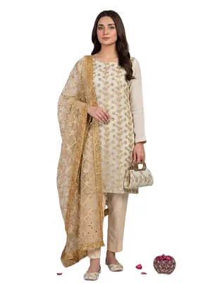Fancy 5-Piece Women Suit Set Off White Embroidered for Eid & Weddings thumbnail 3
