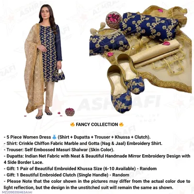 Fancy 5-Piece Embroidered Suit for Women Blue Silk Chiffon Set