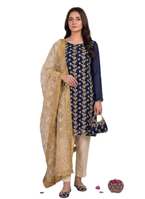Fancy 5-Piece Embroidered Suit for Women Blue Silk Chiffon Set thumbnail 3