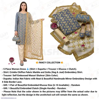 Fancy 5-Piece Women Suit Set with Embroidered Khussa & Clutch for Eid & Weddings