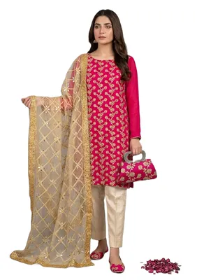 Fancy 5-Piece Pink Chiffon Embroidered Suit Set for Women thumbnail 3