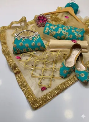 Fancy 5-Piece Embroidered Khussa Suit Green Mirror Dupatta Eid Party Wear thumbnail 2
