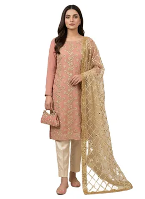 Fancy 5-Piece Women Suit Peach Embroidered Khussa Clutch Set thumbnail 3