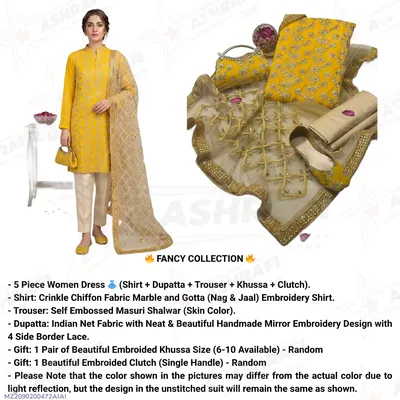 Fancy Eid 5-Piece Embroidered Khussa Suit Yellow for Women thumbnail 1
