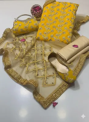 Fancy Eid 5-Piece Embroidered Khussa Suit Yellow for Women thumbnail 2