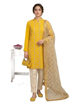 Fancy Eid 5-Piece Embroidered Khussa Suit Yellow for Women thumbnail 3
