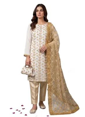 Fancy 5-Piece Women's Embroidered Suit with Khussa & Clutch for Eid & Parties thumbnail 3