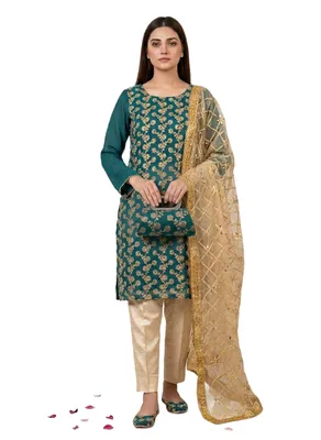Fancy 5-Piece Women Suit Set Green Embroidered for Eid & Weddings thumbnail 3