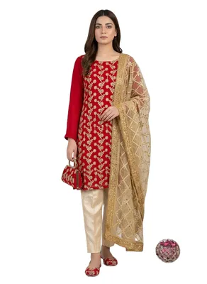 Fancy 5-Piece Embroidered Red Suit for Women Eid Wedding Party Wear thumbnail 3