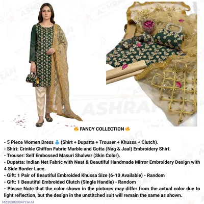 5-Piece Embroidered Chiffon Suit Green for Women