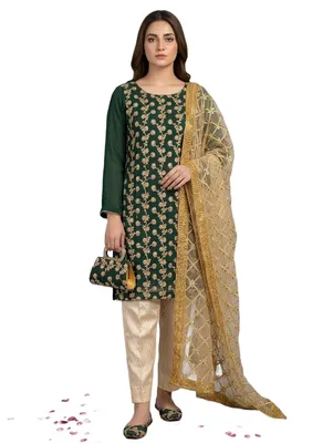 5-Piece Embroidered Chiffon Suit Green for Women thumbnail 3