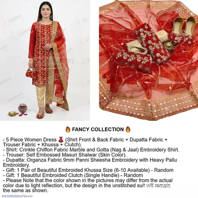 Fancy Eid 5-Piece Embroidered Khussa Suit Red Organza Dupatta