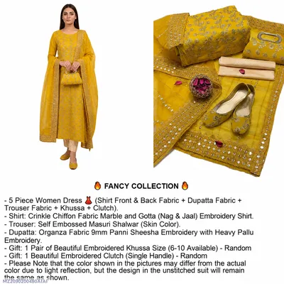 Fancy 5-Piece Yellow Embroidered Women Suit Set for Eid & Weddings