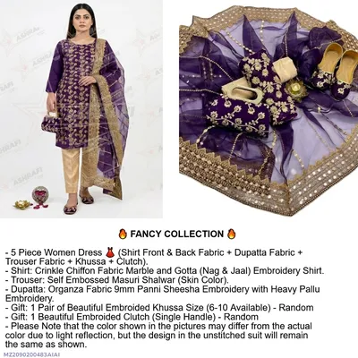 Fantasy Collection 5-Piece Purple Embroidered Women Suit with Khussa & Clutch thumbnail 1