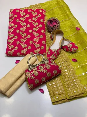 Fancy 5-Piece Pink Embroidered Chiffon Suit for Women with Khussa & Clutch thumbnail 2