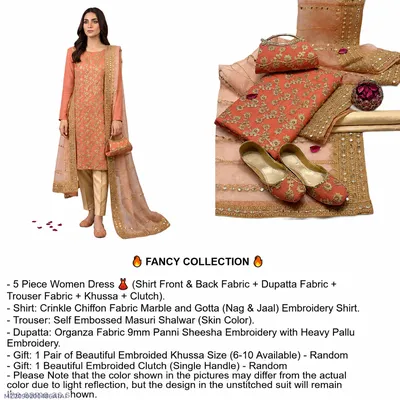 Fancy 5-Piece Women Suit Peach Embroidered with Khussa Gift Set