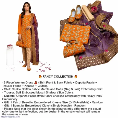 Fancy 5-Piece Women Embroidered Suit Orange Organza Dupatta Khussa Gift Set Eid Wedding Party Wear