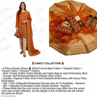 Fantasy Collection 5-Piece Women Suit Orange Embroidered Khussa Gift Set