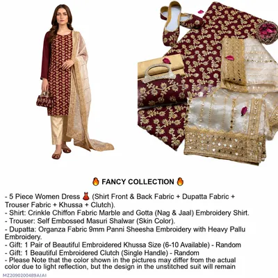 Fancy Collection 5 Piece Women’s Suit – Crinkle Chiffon Marble & Gotta Embroidery | Masuri Trouser | Organza Sheesha Embroidery Dupatta | Embroidered Khussa & Clutch Gift Set thumbnail 1