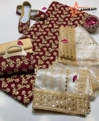 Fancy Collection 5 Piece Women’s Suit – Crinkle Chiffon Marble & Gotta Embroidery | Masuri Trouser | Organza Sheesha Embroidery Dupatta | Embroidered Khussa & Clutch Gift Set thumbnail 2