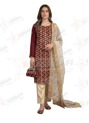 Fancy Collection 5 Piece Women’s Suit – Crinkle Chiffon Marble & Gotta Embroidery | Masuri Trouser | Organza Sheesha Embroidery Dupatta | Embroidered Khussa & Clutch Gift Set thumbnail 3