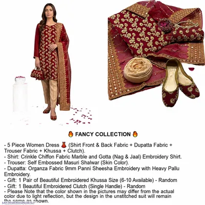 Fancy 5-Piece Women Suit Maroon Embroidered with Khussa Gift Set