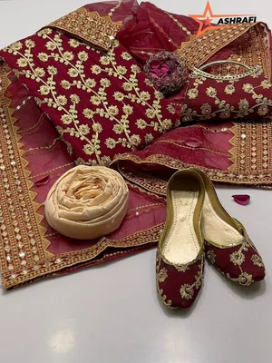 Fancy 5-Piece Women Suit Maroon Embroidered with Khussa Gift Set thumbnail 2