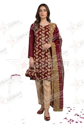 Fancy 5-Piece Women Suit Maroon Embroidered with Khussa Gift Set thumbnail 3