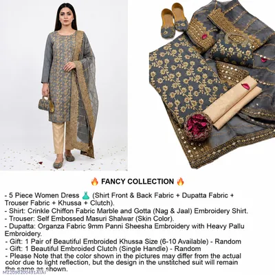 Fancy 5-Piece Women Suit with Embroidery & Dupatta Grey