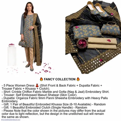 Fancy Collection 5-Piece Women Suit Embroidered Chiffon & Organza Dupatta Set