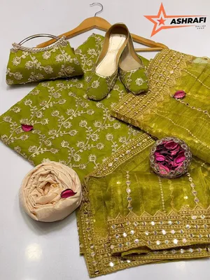 Fantasy Collection Embroidered Khussa Suit Green 5Pcs Unstitched Eid Party Wear thumbnail 2