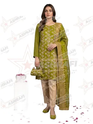 Fantasy Collection Embroidered Khussa Suit Green 5Pcs Unstitched Eid Party Wear thumbnail 3