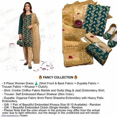 Fancy 5-Piece Women Suit Green Embroidered Khussa Set