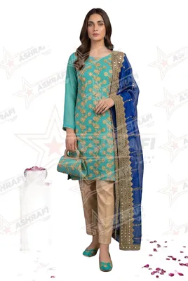 Fancy 5-Piece Women Dress Green Embroidered Khussa Set thumbnail 3