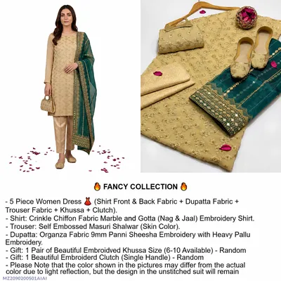 Fancy 5-Piece Women Suit Golden Embroidered Khussa Set