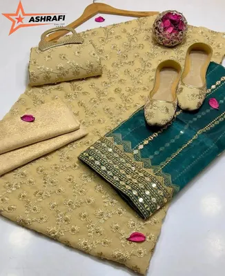 Fancy 5-Piece Women Suit Golden Embroidered Khussa Set thumbnail 2