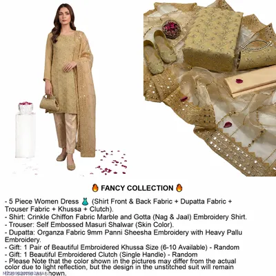 Fancy 5-Piece Women Suit Golden Embroidered Khussa Set