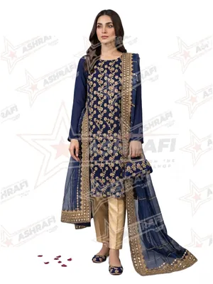 Fancy 5-Piece Embroidered Suit for Women Blue Organza Dupatta thumbnail 3