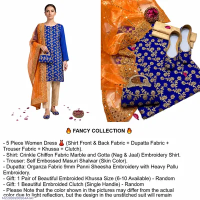 Fancy 5-Piece Women Suit Blue Embroidered Organza Dupatta with Khussa Gift Set thumbnail 1