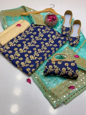 Fancy 5-Piece Embroidered Women Suit Blue Organza Dupatta Eid Wedding Party Wear thumbnail 2