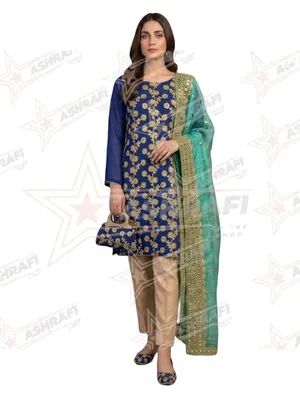 Fancy 5-Piece Embroidered Women Suit Blue Organza Dupatta Eid Wedding Party Wear thumbnail 3