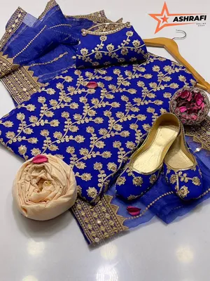 Fancy 5-Piece Women's Blue Embroidered Suit with Khussa & Clutch thumbnail 2