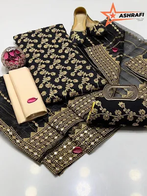 Fancy 5-Piece Embroidered Women Suit Black Organza Dupatta Khussa Gift Set thumbnail 2