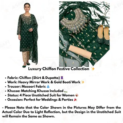 3 Pcs Women’s Unstitched Chiffon Mirror Work Suit