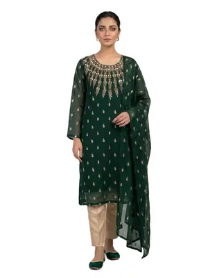 3 Pcs Women’s Unstitched Chiffon Mirror Work Suit thumbnail 3
